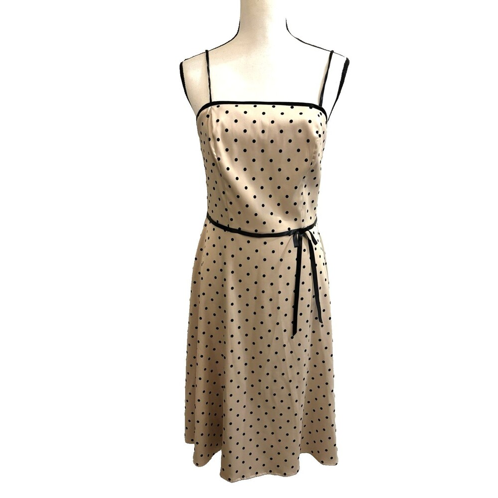 Vtg 90s CDC Polka Dot Dress Size 8 Tan Black Strappy Retro Fit Flare Rockabilly